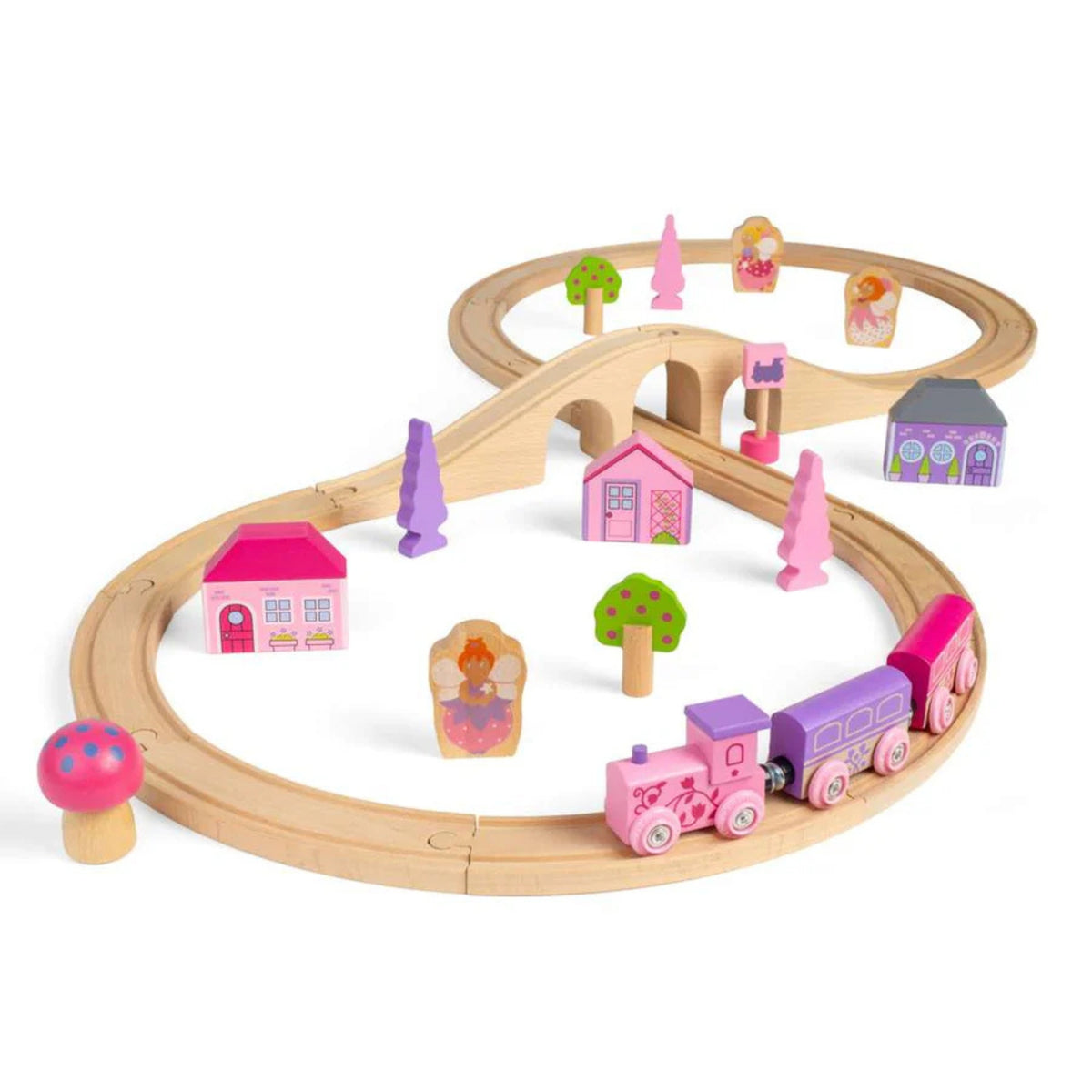 Wooden toy train set with pink train, houses, and trees on a white background
