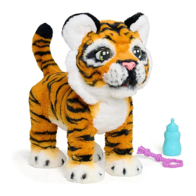 A plush toy tiger with orange and black stripes, white fur details, and large green eyes, shown standing on a white background with a small blue bottle and purple toy accessories beside it.