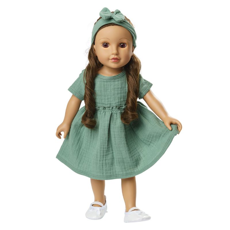 18" Doll Dress Outfit With Green White Lace & Headband - Fits American Girl & 18 Inch Dolls
