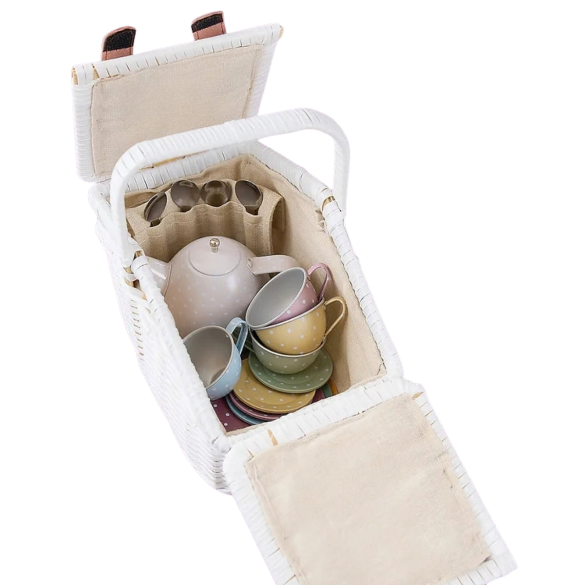 A white woven picnic basket with its hinged lid open, showing a pastel-colored tea set inside, including a teapot, cups, saucers, and spoons, on a solid white background.