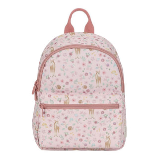 A pink children's backpack with a fairy garden print, featuring fawns, dears, and hedgehogs among flowers and mushrooms.