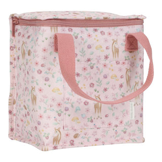 A pink Little Dutch cooler bag with a floral and animal print, featuring pink handles.