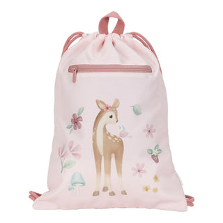 A pink children's gym bag with a fawn and floral design, featuring a front zipper pocket and double drawstring fastening.