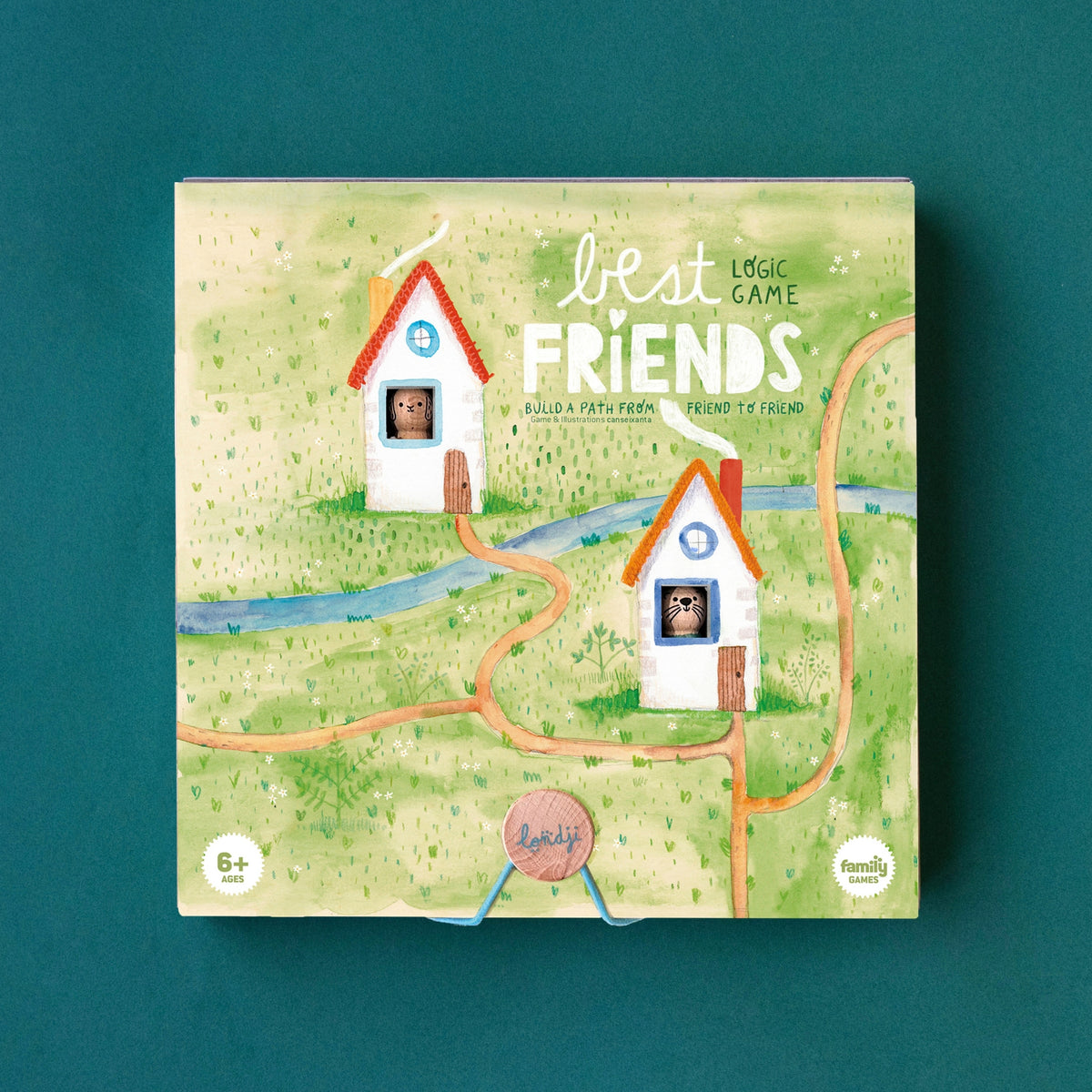 The board game box for 'Best Friends' Logic Game is shown against a solid teal background. The box features a whimsical illustration of two small houses on a green grassy landscape with winding orange paths and a blue river. The box has two cut-out windows where a wooden otter and rabbit are visible through the holes.