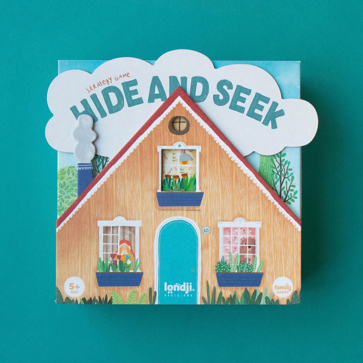 A children's board game box titled 'Hide and Seek' by Londji, featuring a whimsical house illustration on a teal background.