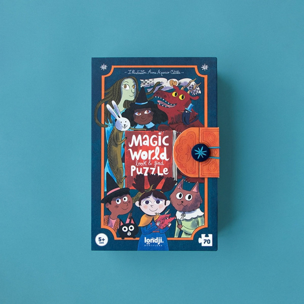 Magic World Look & Find Puzzle Box by Londji , featuring colorful cartoon characters on a solid teal background.
