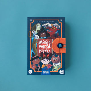 Magic World Look & Find Puzzle Box by Londji , featuring colorful cartoon characters on a solid teal background.