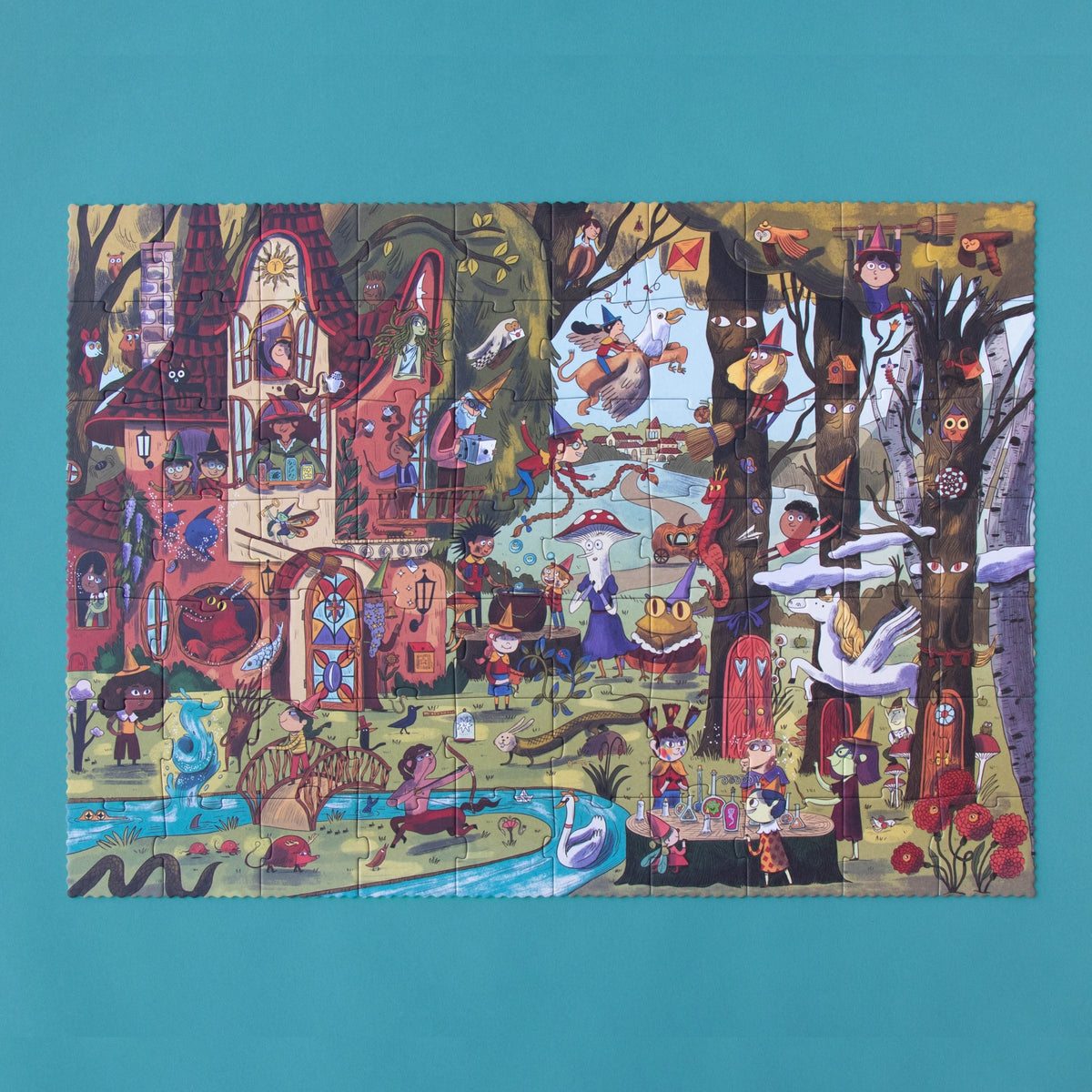 A completed, highly detailed, whimsical jigsaw puzzle featuring a colorful fantasy forest scene with a castle, trees, characters, and animals, displayed against a solid teal background.