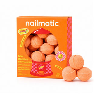 Nailmatic Mini Bath Bombs - Sweet Mango, in an orange box with three orange bath bombs displayed in front on a white background.