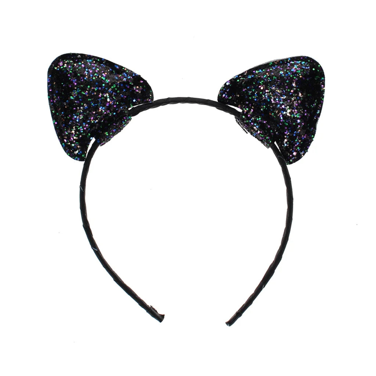 Black cat ears headband with black iridescent glitter on the ears and a black band, shown on a plain white background.