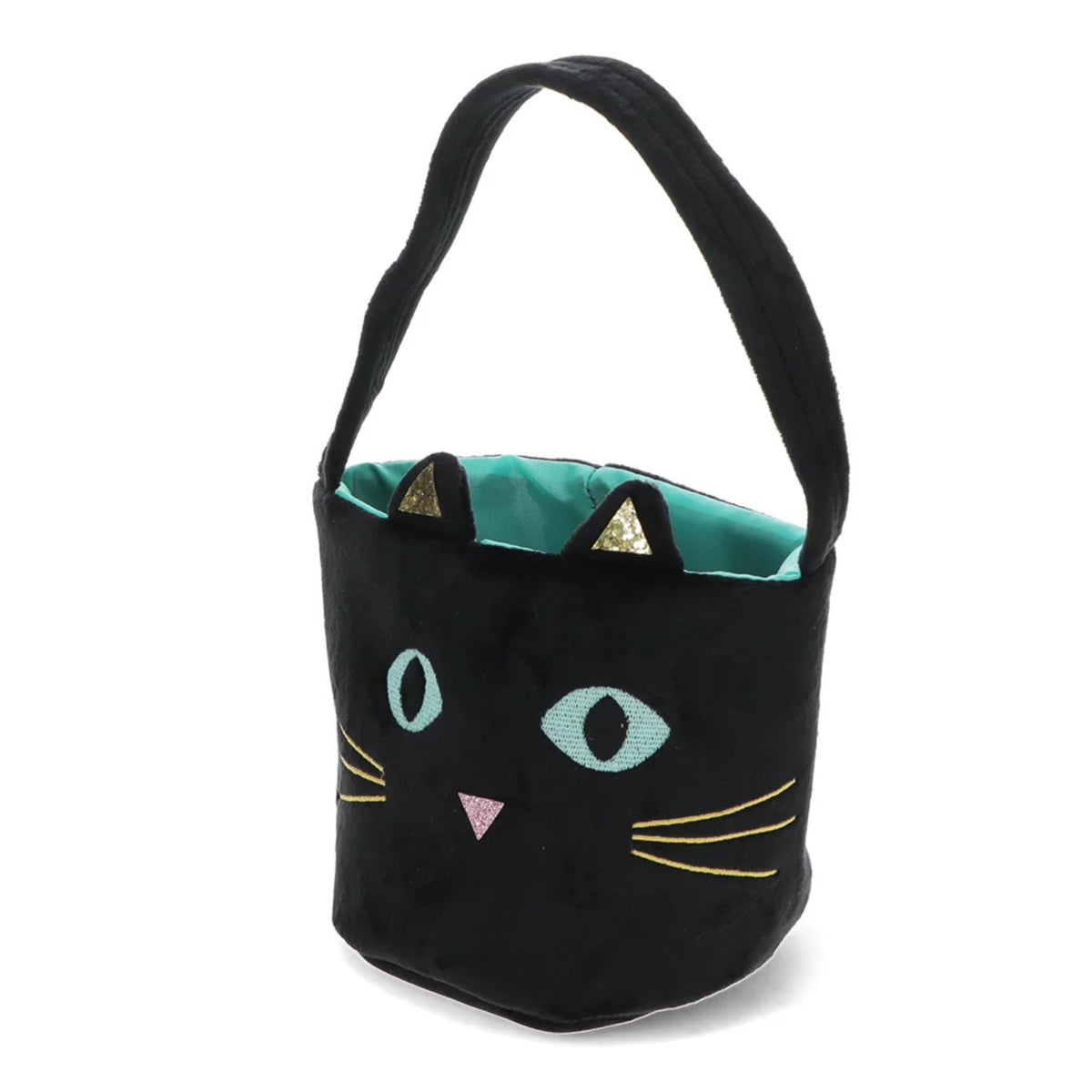 A black plush bucket bag designed to look like a cat's face, featuring embroidered light blue eyes, a pink nose, yellow whiskers, and a teal interior lining with gold triangular ear accents, set against a plain white background.