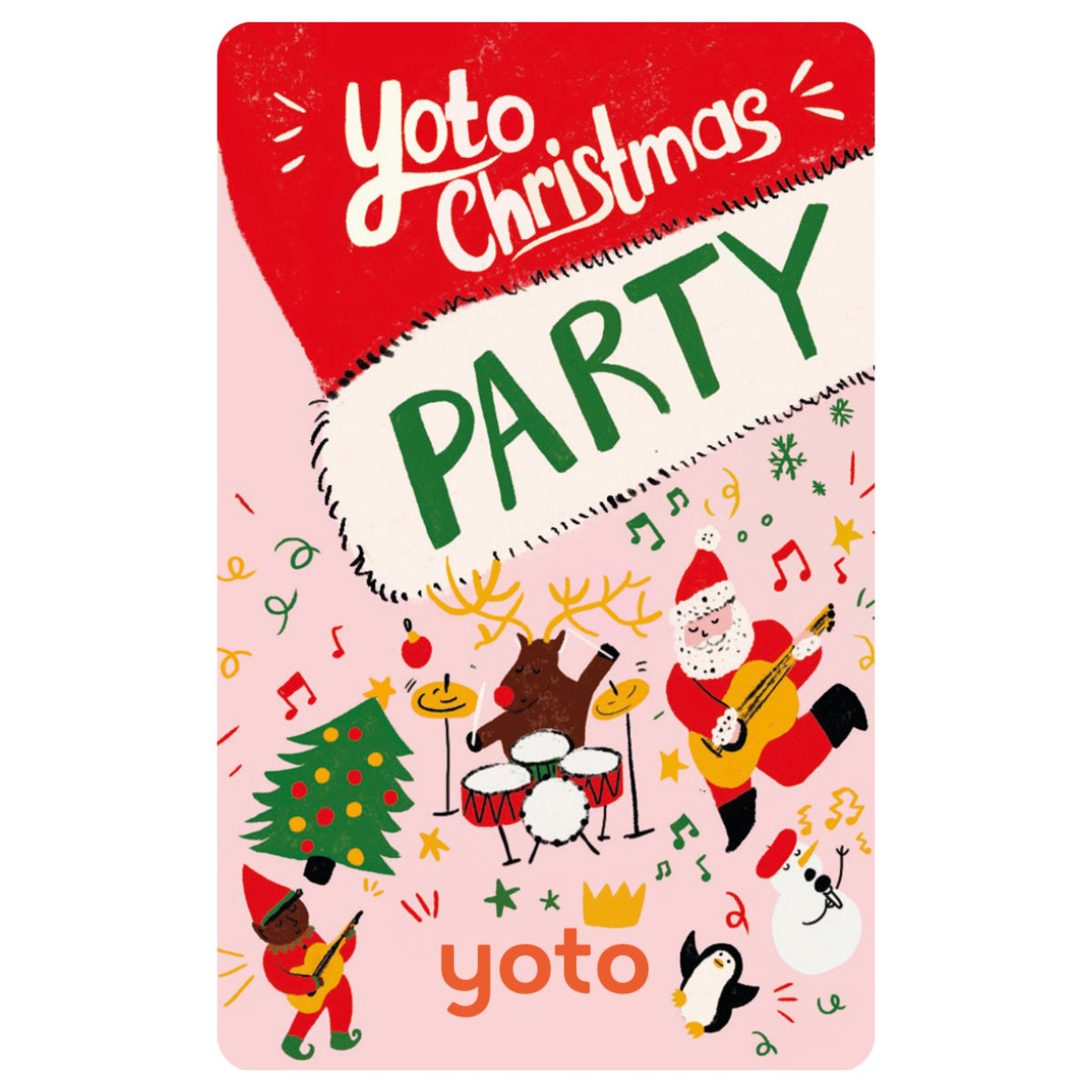 A rectangular Yoto Christmas Party card featuring a festive illustrated design with Santa, a reindeer, a Christmas tree, musical notes, and the words 'Yoto Christmas Party'.