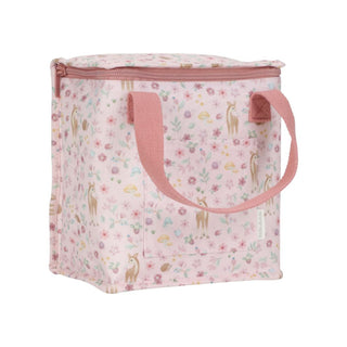 Pink insulated lunch bag with floral and animal pattern on a white background