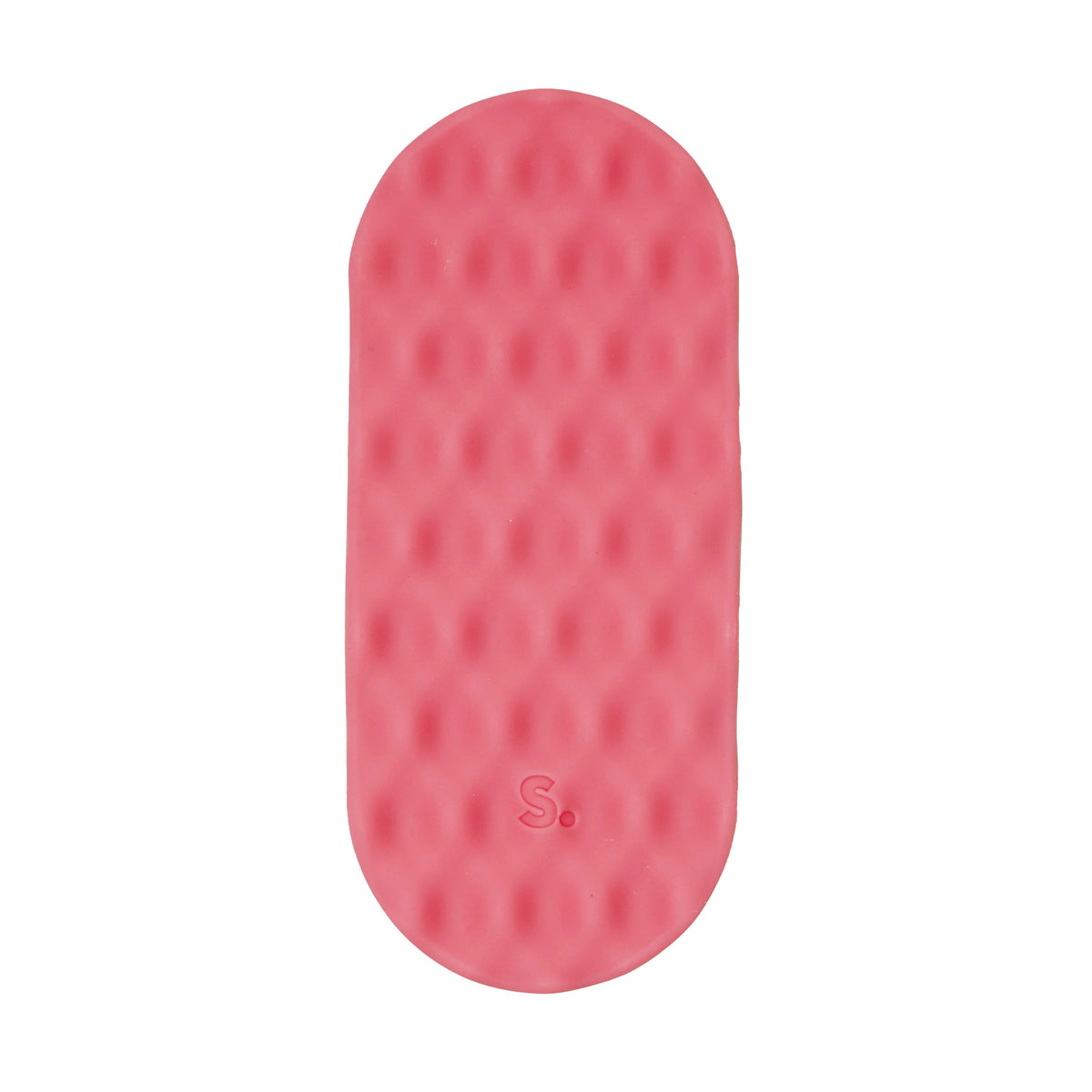 Pink textured object with a brand logo on a white background