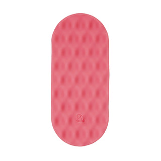 Pink textured object with a brand logo on a white background